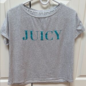 Juicy Couture gray soft velour like top w aqua logo spell out ptp 20.5 inches
